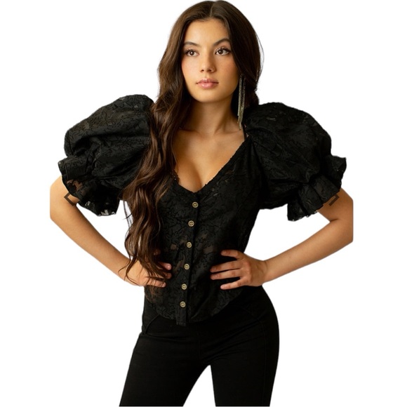 Mia Joy Livia Laced Top Bubble Sleeves in Black Size Varies - Picture 4 of 4